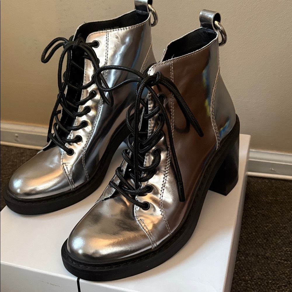 Silver Metallic Lace-Up Ankle Boots